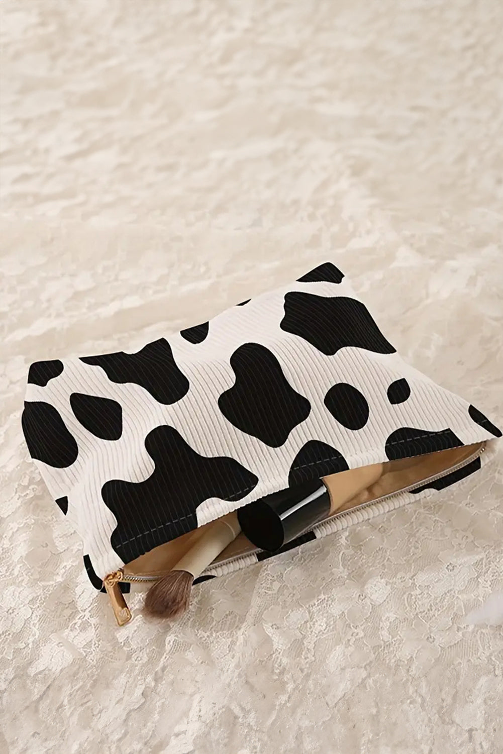 White Cow Pattern Corduroy Zipper Makeup Bag