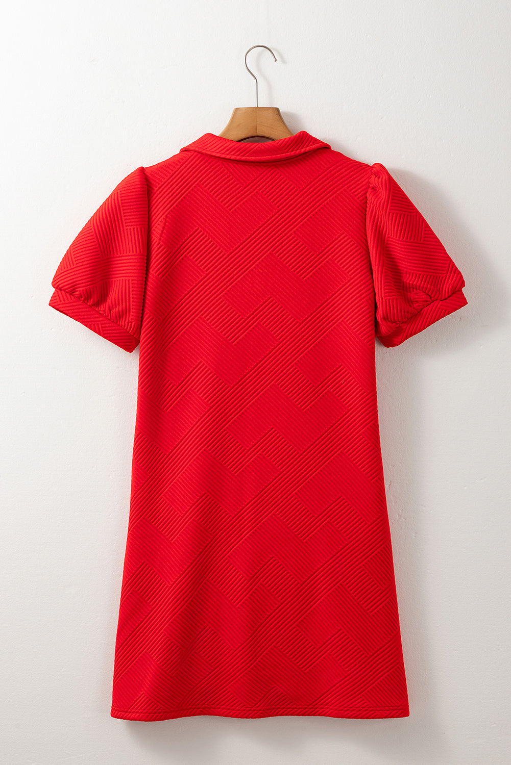 Fiery Red V Neck Puff Sleeve Textured Mini Dress