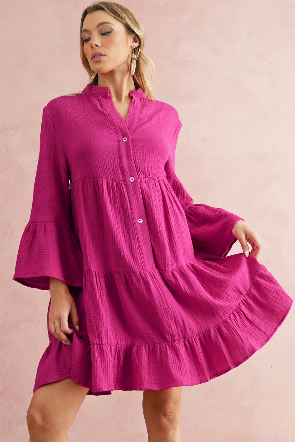 Rose Crinkled Tiered Split Neck Shirt Dress