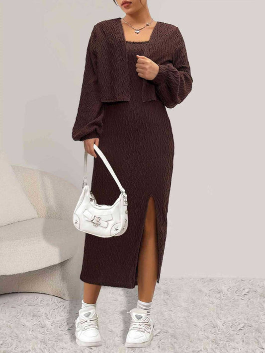 Open Front Long Sleeve Cardigan and Side Slit Cami Dress Set