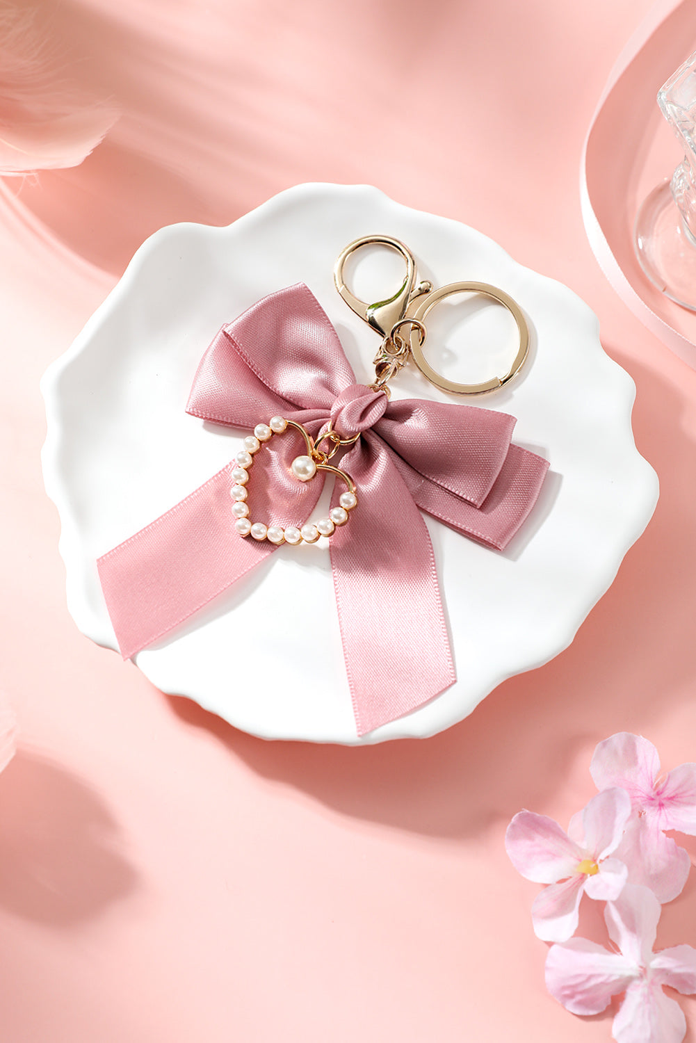 Pink Pearl Heart Decor Bow Decor Keychain