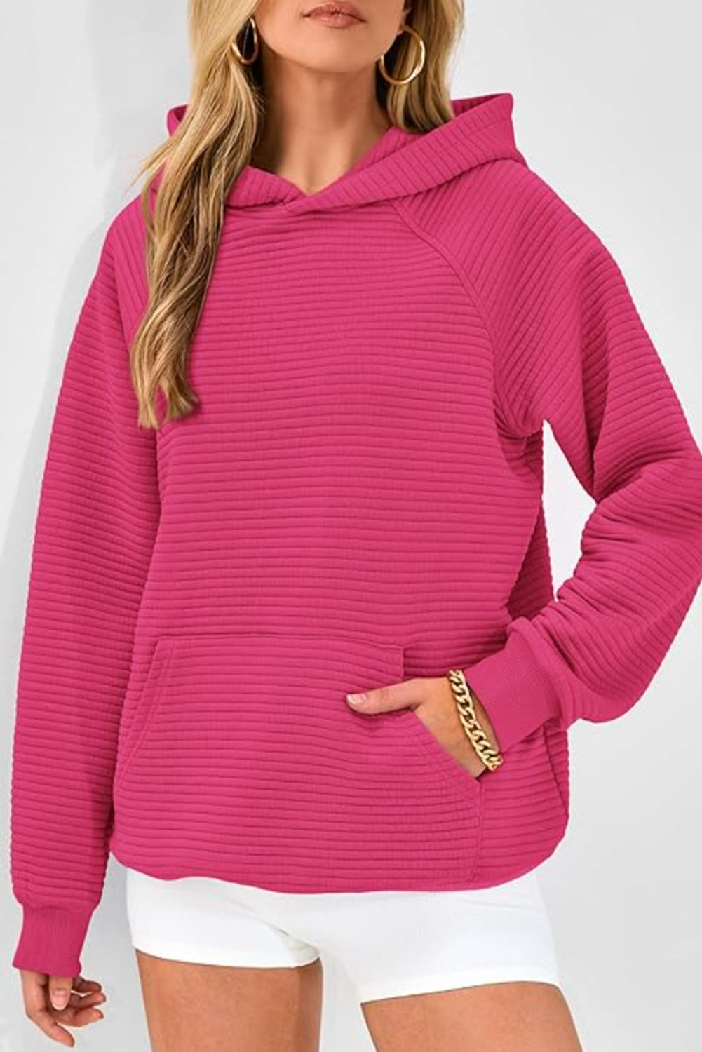 Rose Red Kangaroo Pocket Plain Textured Hoodie