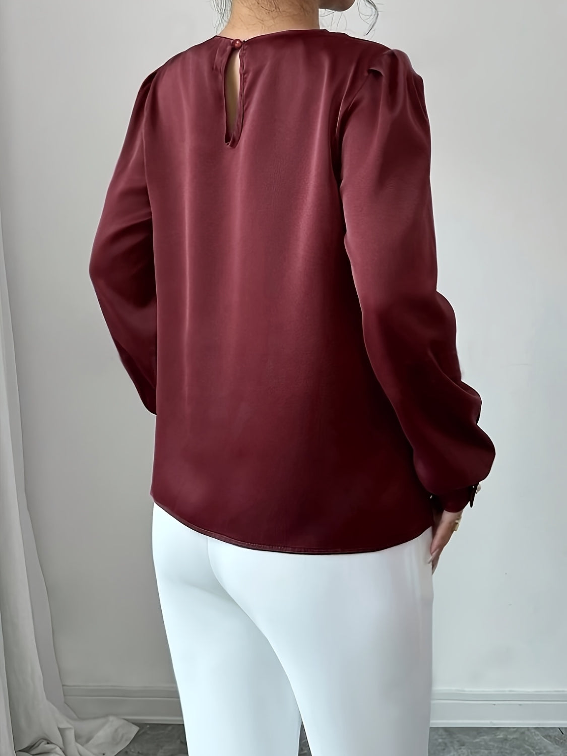 Ruched Round Neck Long Sleeve Blouse