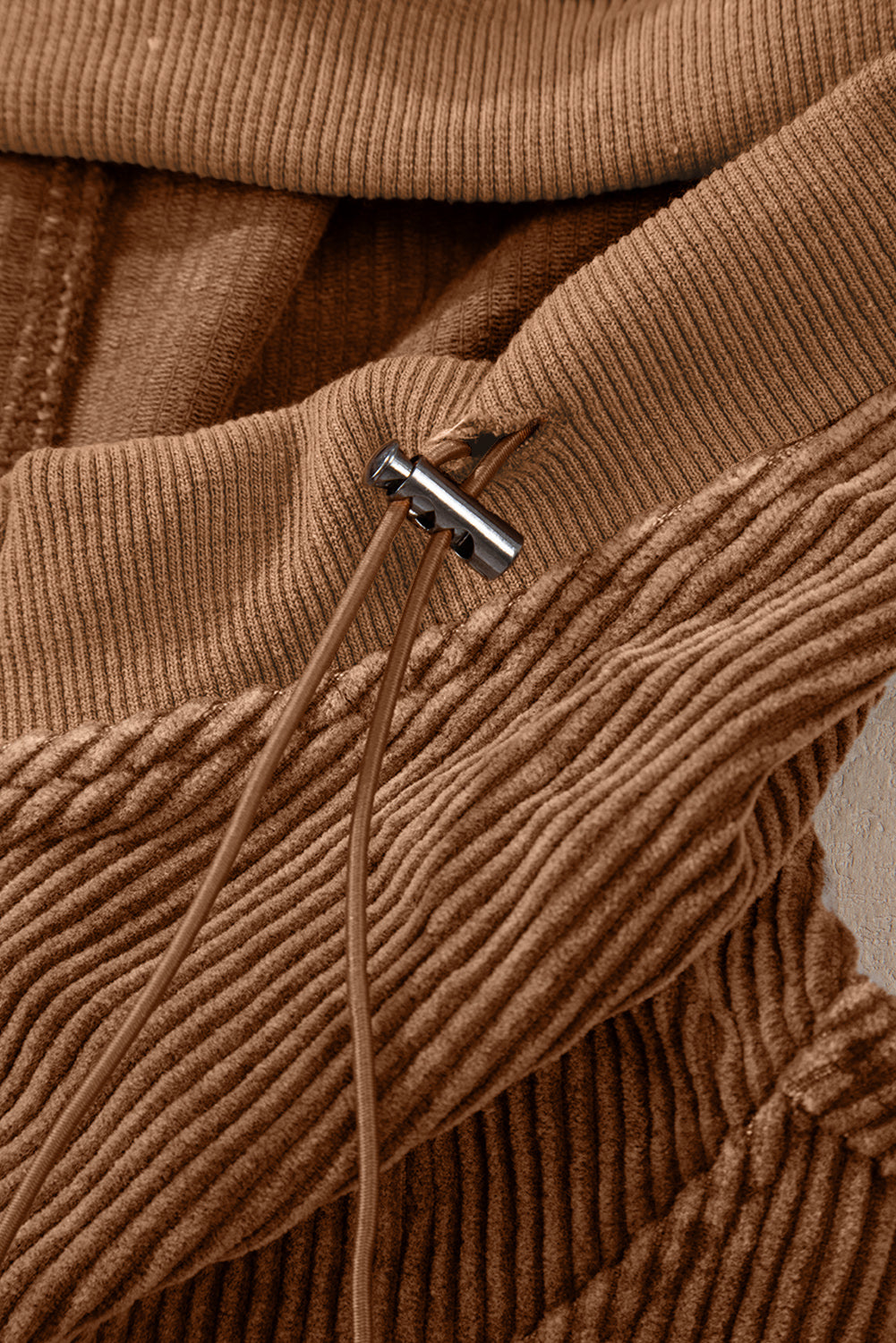 Chestnut Half Zipper Kangaroo Pocket Drawstring Corduroy Hoodie