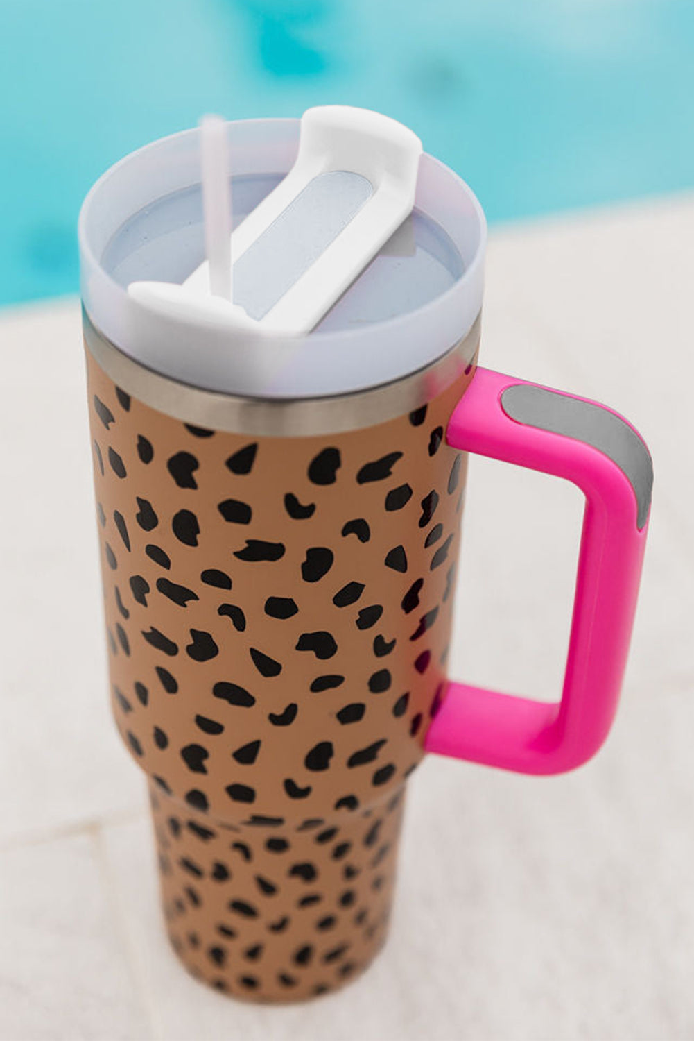 Brown Leopard Printed Handled Cup with Straw 40oz