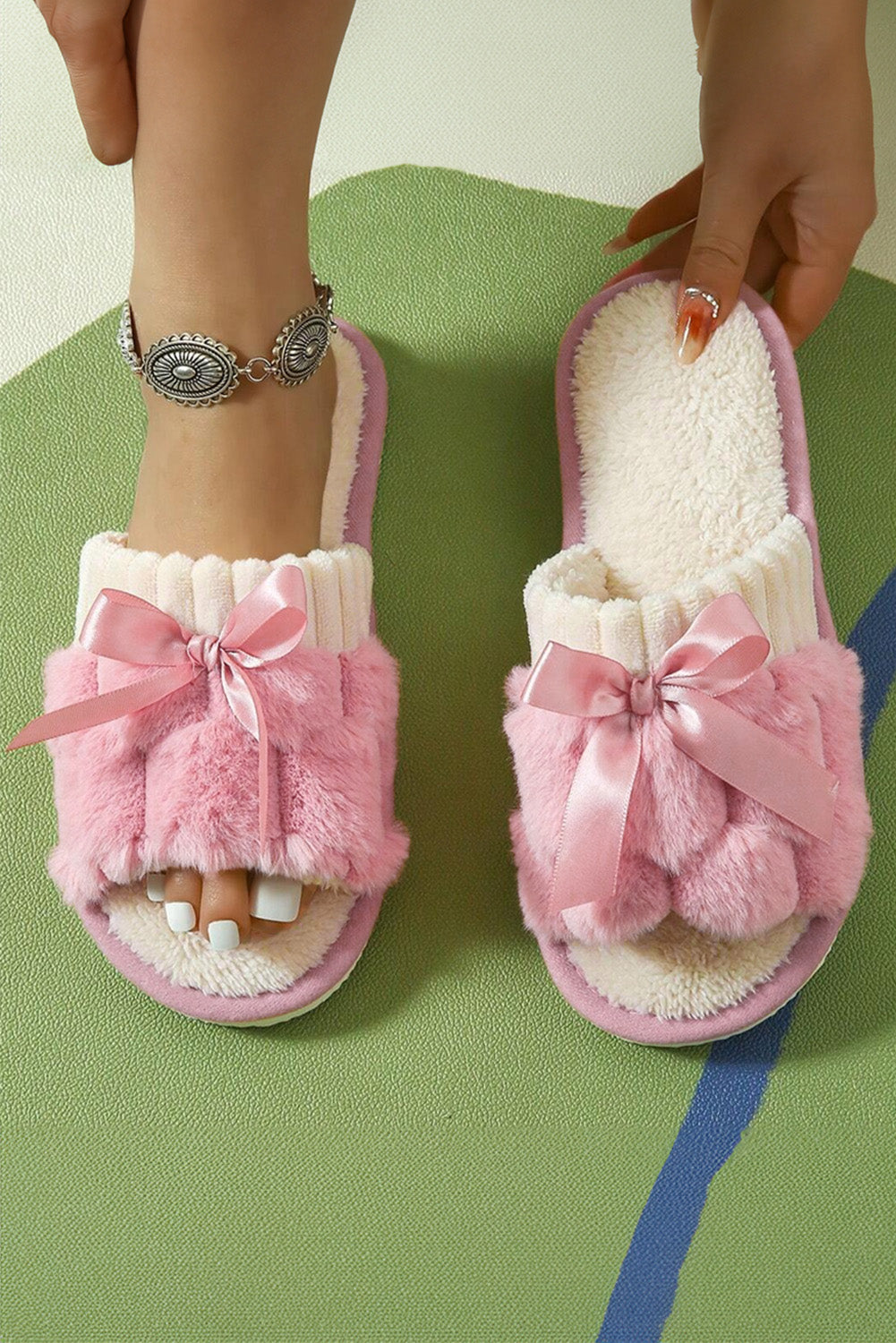 Peach Blossom Sweet Bow Fuzzy Open-Toe Slippers