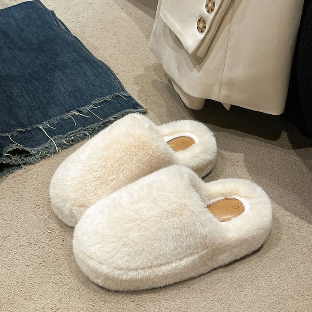 Fuzzy Round Toe Flat Slippers