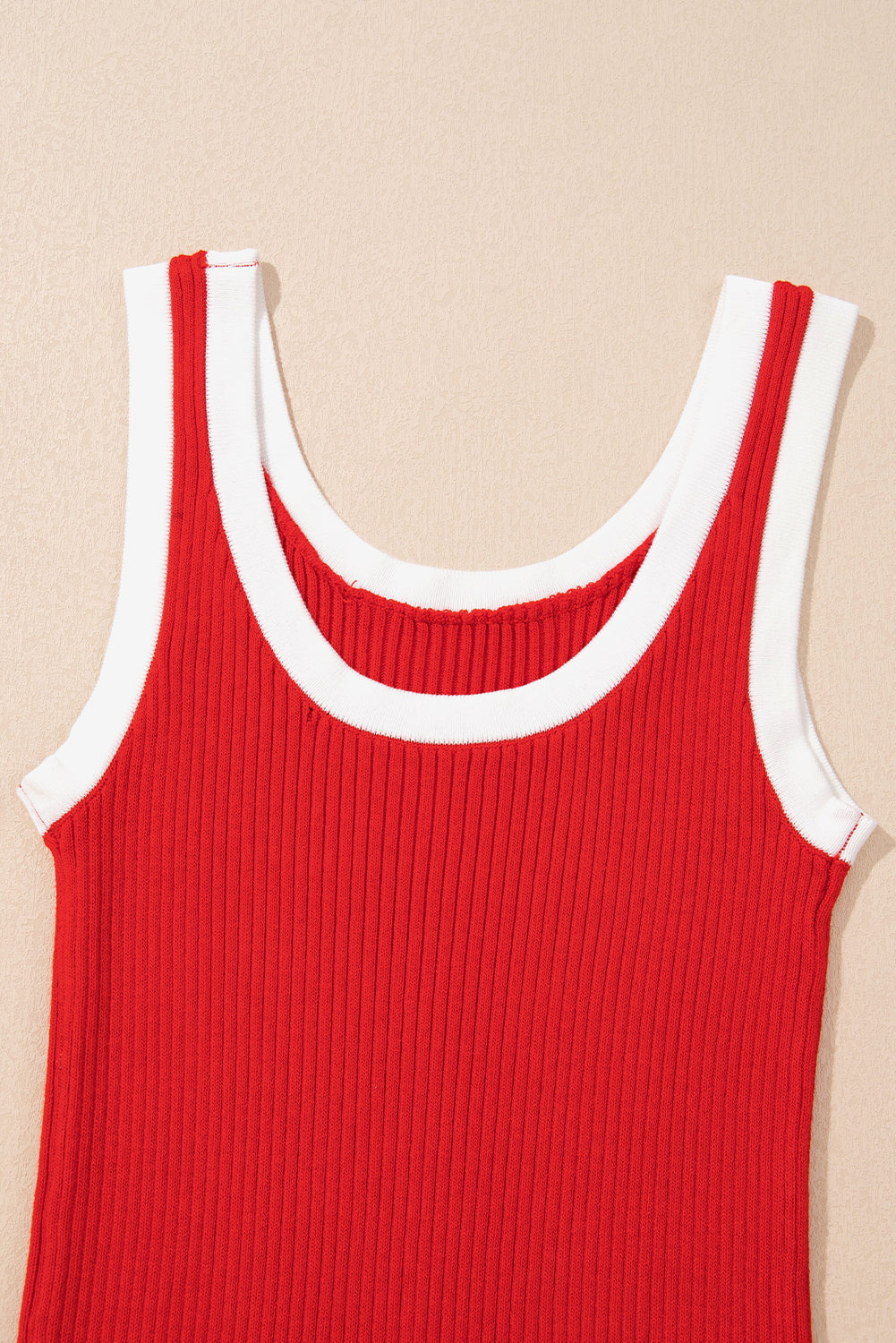 Fiery Red Contrast Trim U Neck Ribbed Knit Tank Top