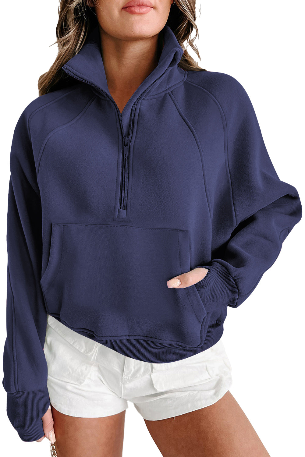 Navy Blue Zip Up Stand Collar Ribbed Thumbhole Sleeve Sweatshirt