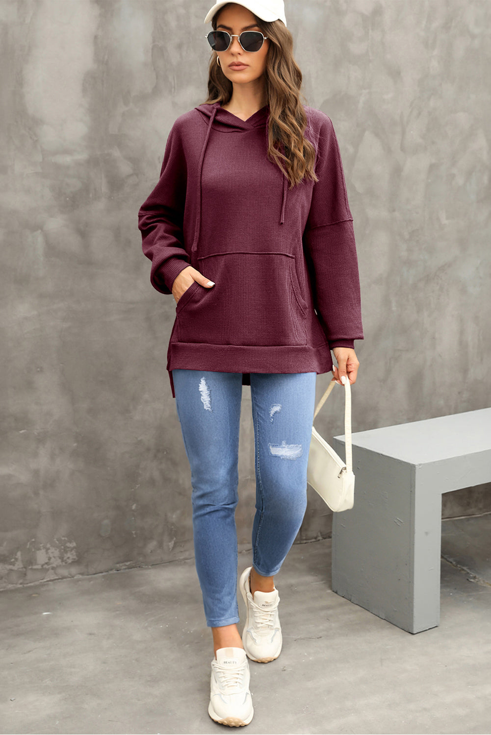 Red Dahlia Waffle Knit High Low Oversized Hoodie