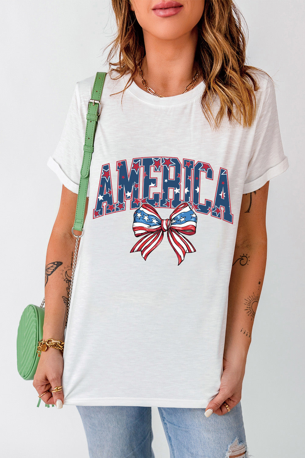 White AMERICA Flag Bow Knot Graphic Round Neck Tee