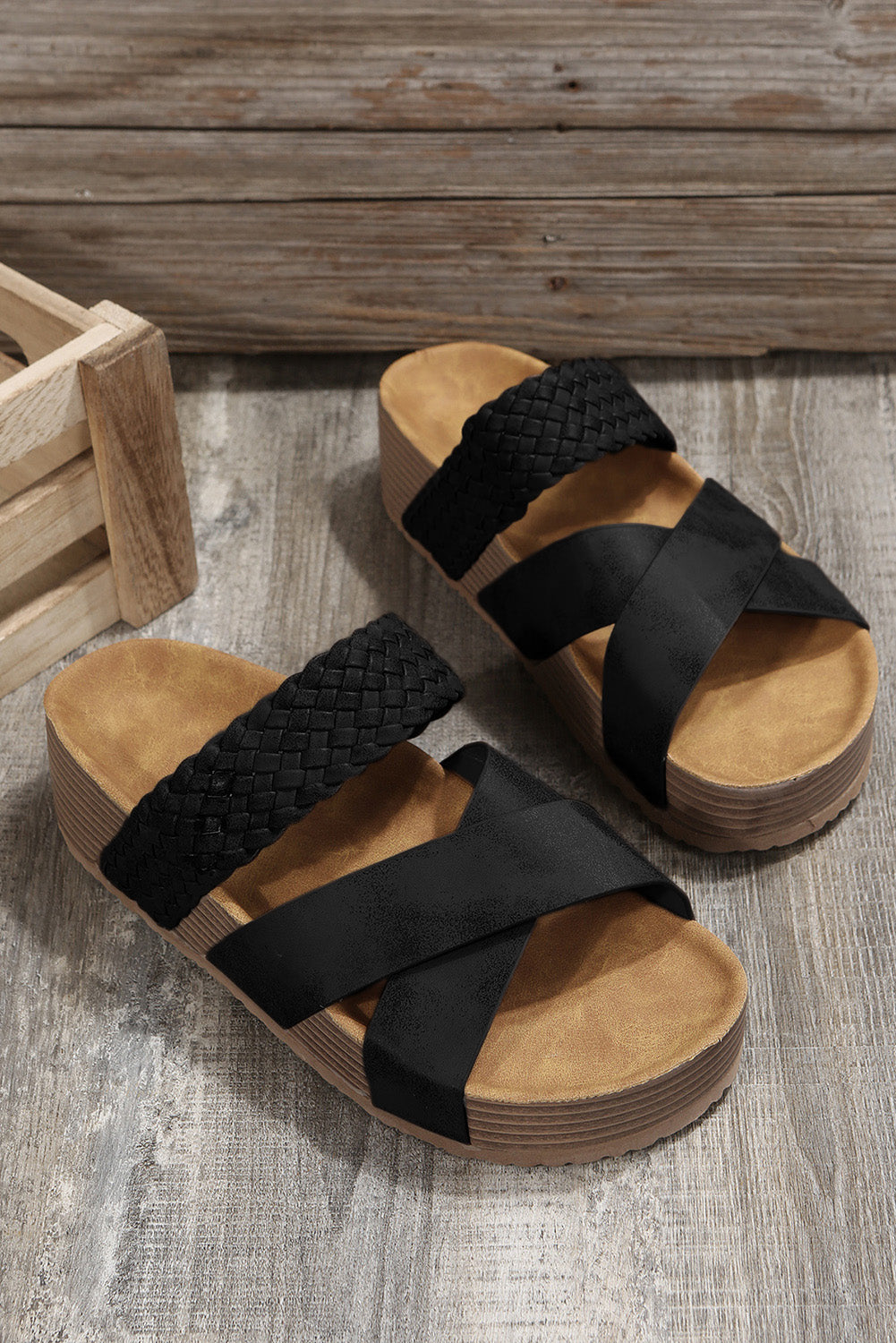 Black Braided Detail Criss Cross Platform Slides Shoes