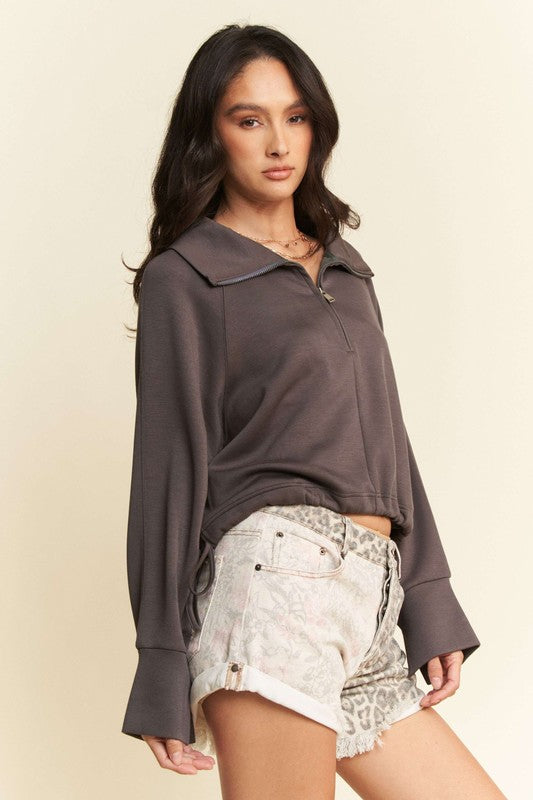 Davi & Dani Drawstring Hem Half Zip Raglan Sleeve Sweatshirt