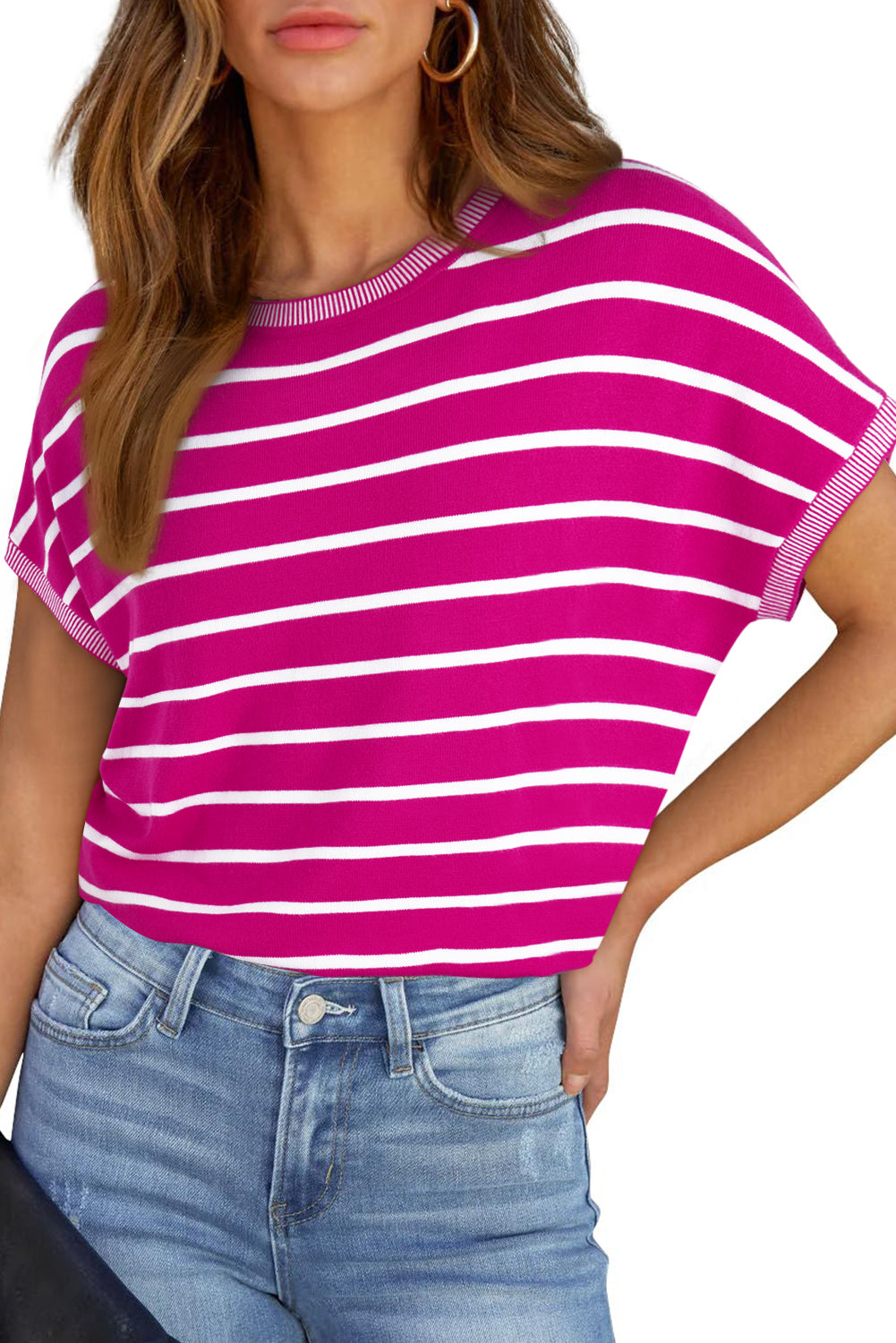 Sky Blue Stripe Knitted Dolman T Shirt