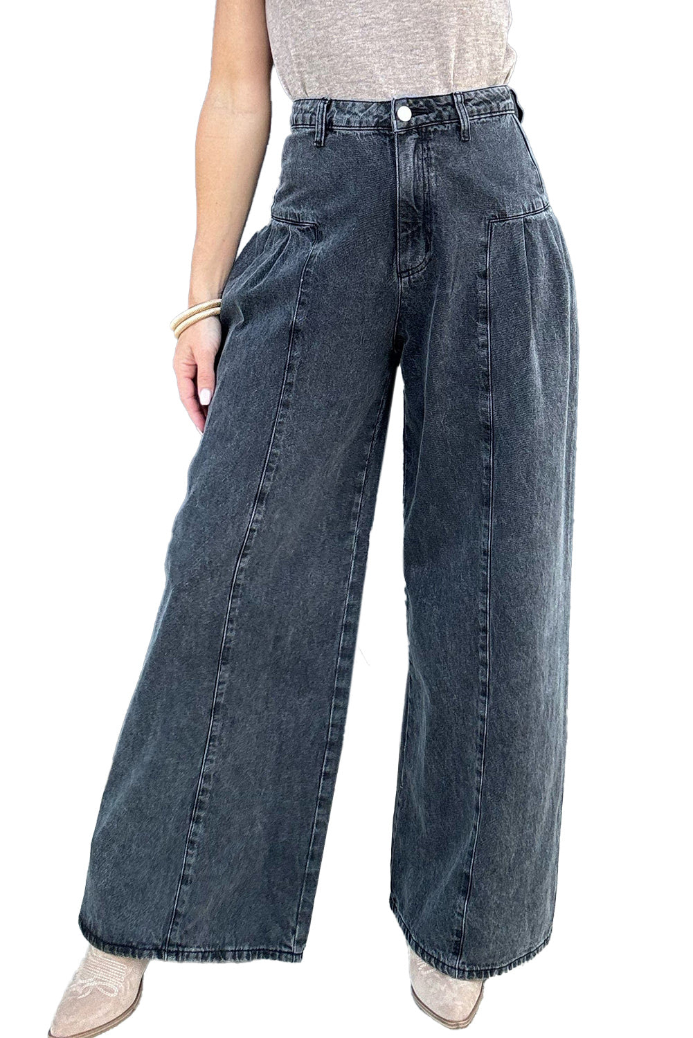 Dark Grey Pleated Wide Leg Mineral Wash Jeans