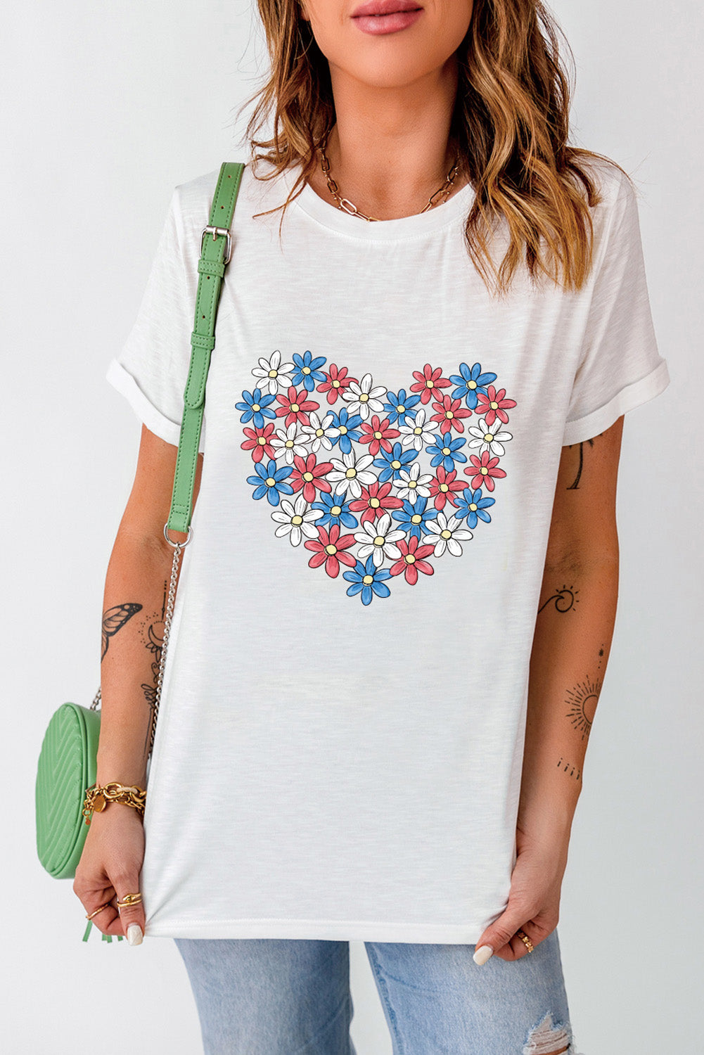 White Daisy Heart Shape Graphic Crew Neck T Shirt