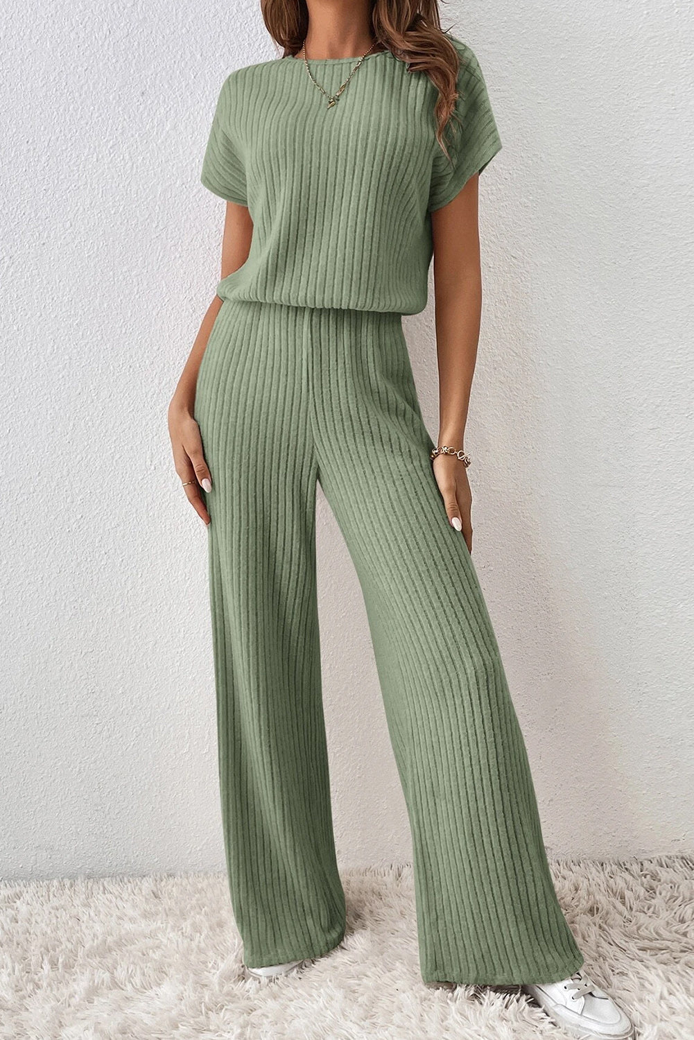 Rose Red Solid Color Ribbed Short Sleeve Wide Leg Jumpsuit