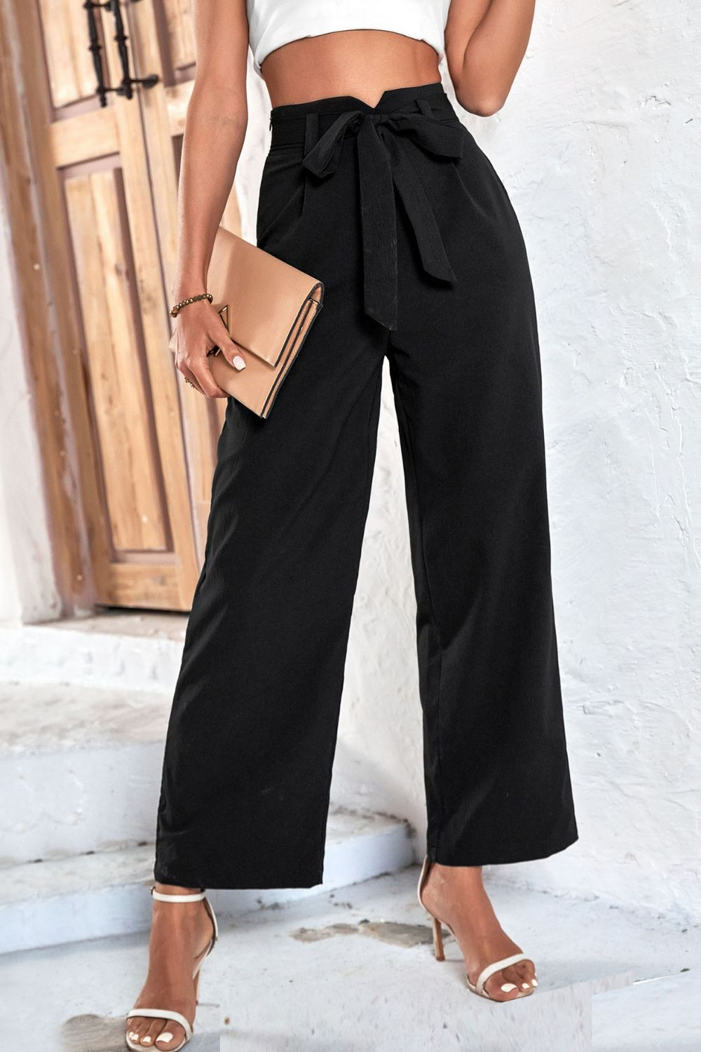 Perfee Belted High-Rise Wide Leg Pants