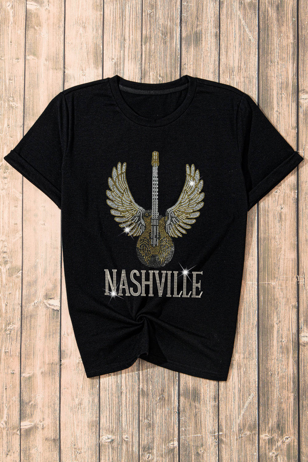 Black Rhinestone Guitar NASHVILLE Graphic T Shirt