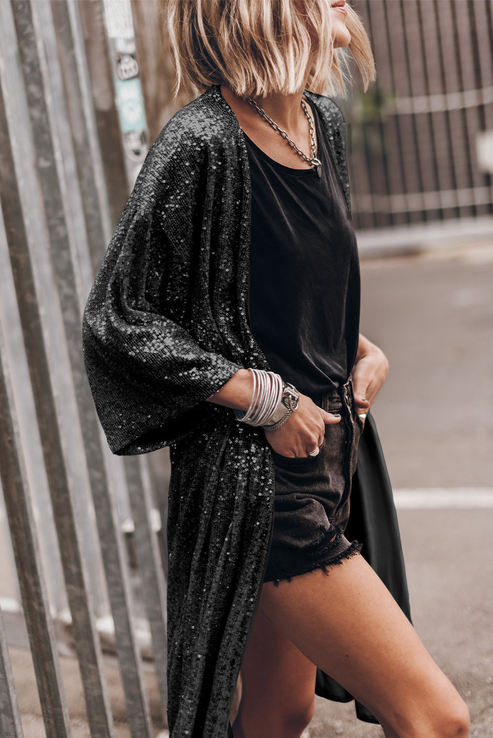 Sequin Open Front Duster Cardigan