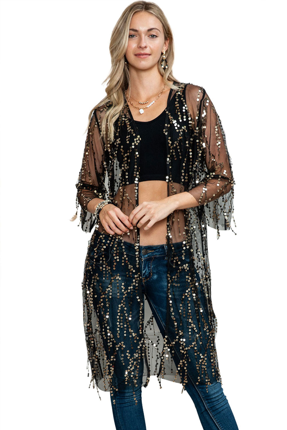 Black Sequin Sheer Casual Open Front Cover Up