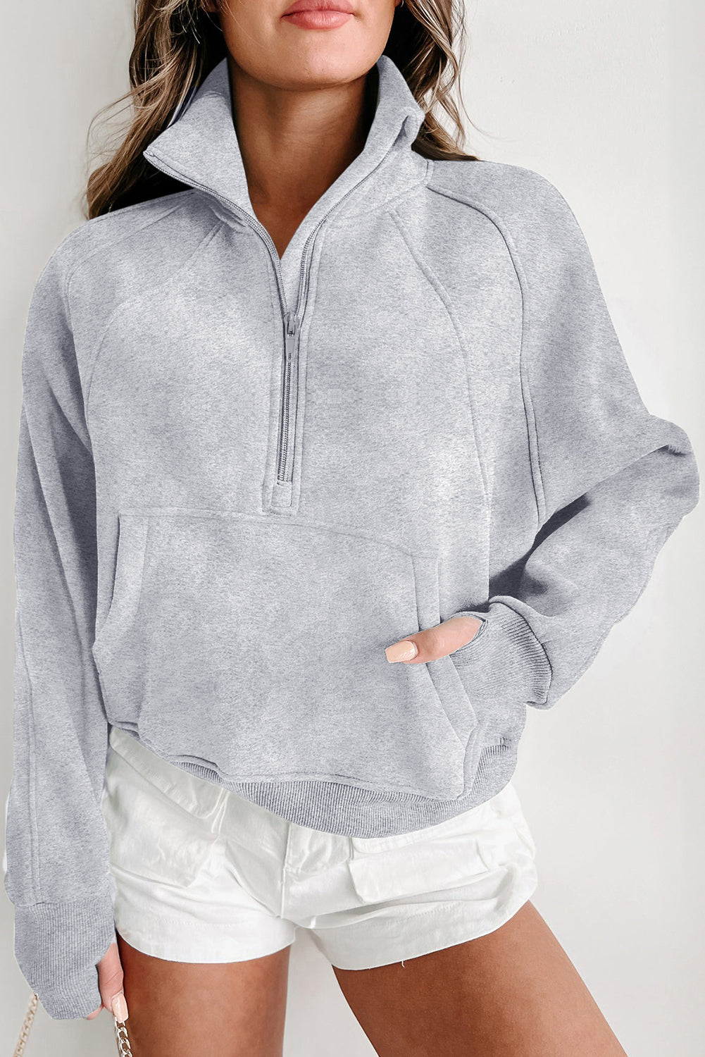 Aruba Blue Quarter Zip Stand Neck Kangaroo Pocket Sweatshirt