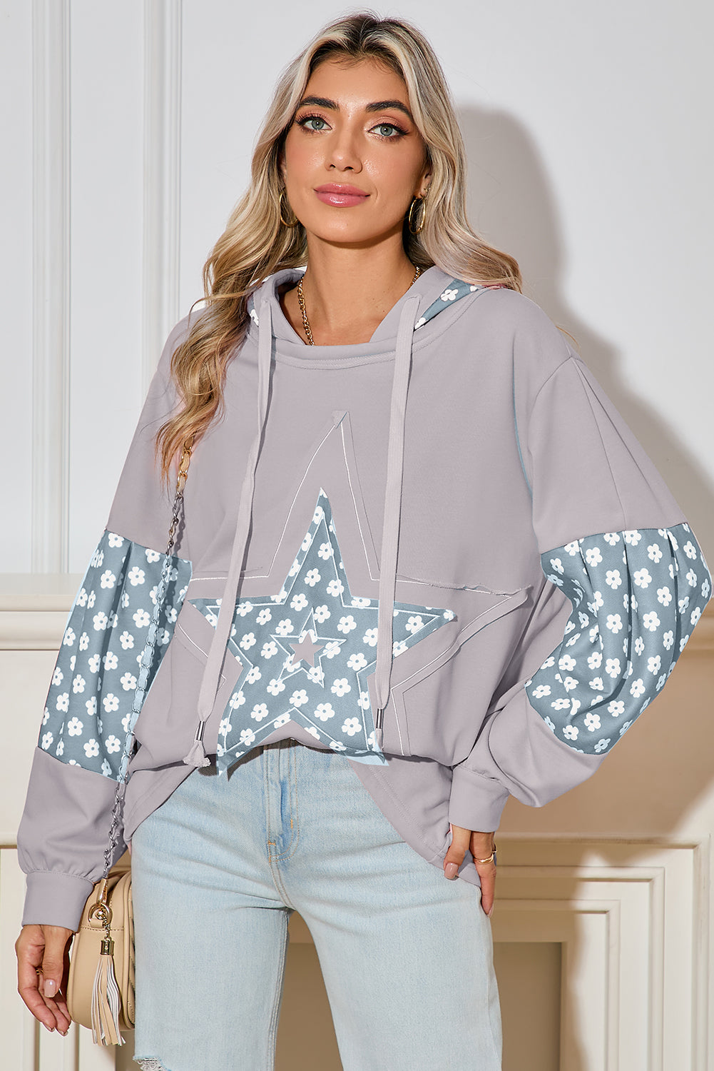 Apricot Floral Patchwork Star Pattern Drawstring Hoodie