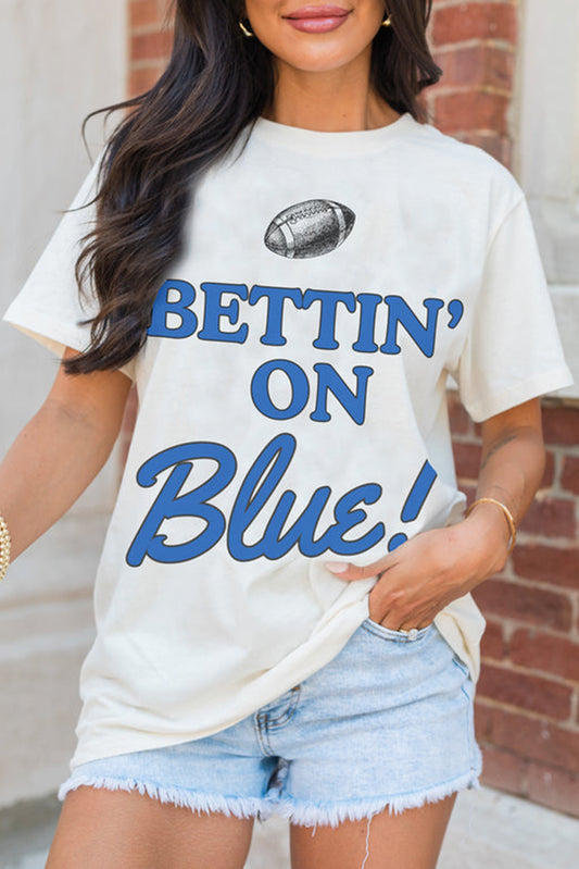 White Rugby Football BETTIN ON Blue Crewneck Graphic T Shirt