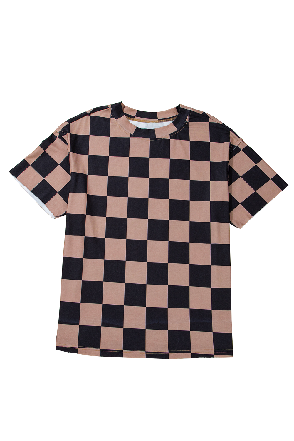 Light Beige Two Tone Checkered Crew Neck Loose T Shirt