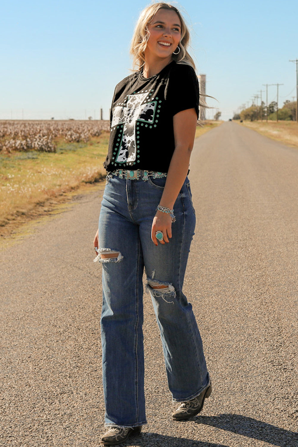 Black Animal Cross Graphic Round Neck Tee