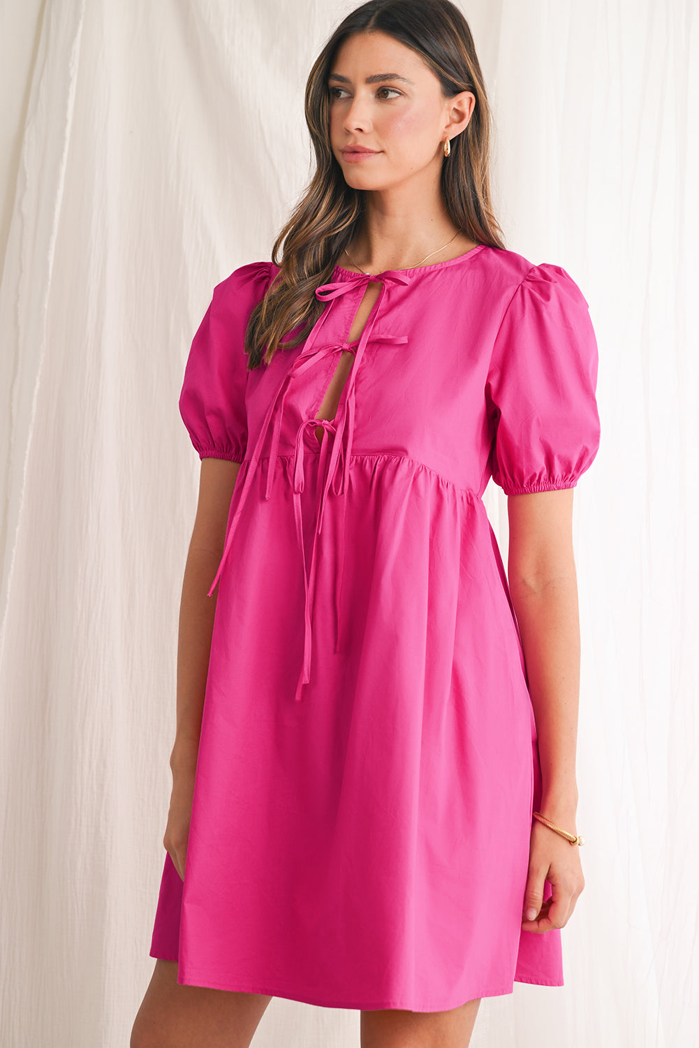 Bright Pink Tie Front Puff Sleeve Mini Dress