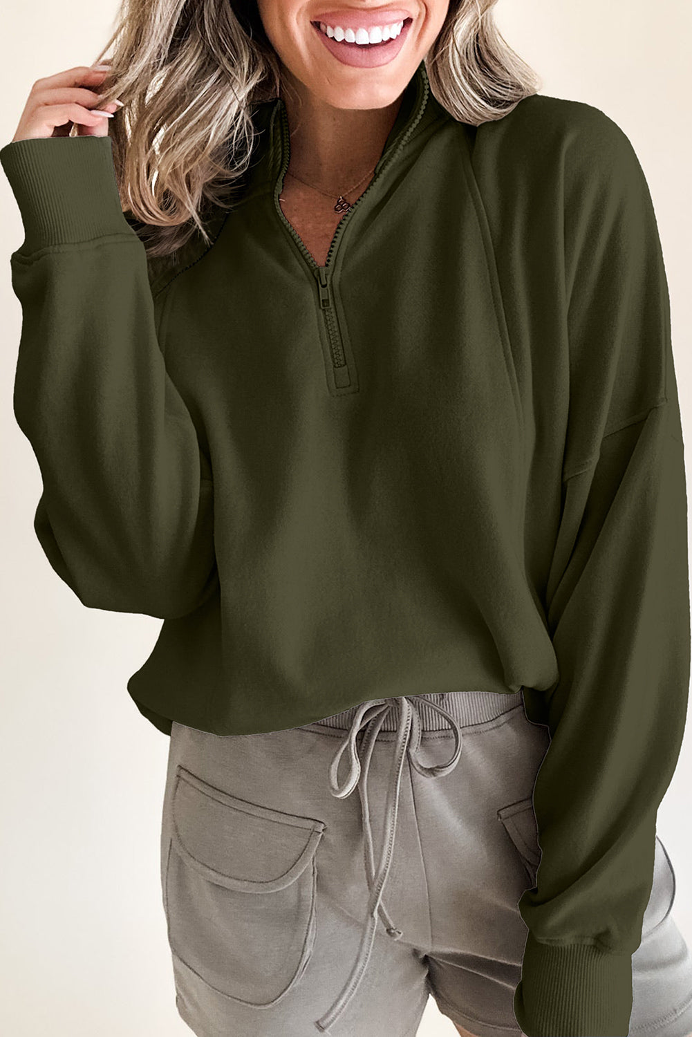 White Zipper Collared Drop Shoulder Plain Sweatshirt