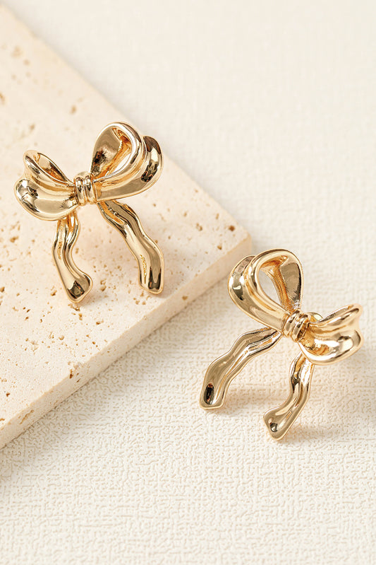 Gold Elegant Ribbon Bow Shape Stud Earrings