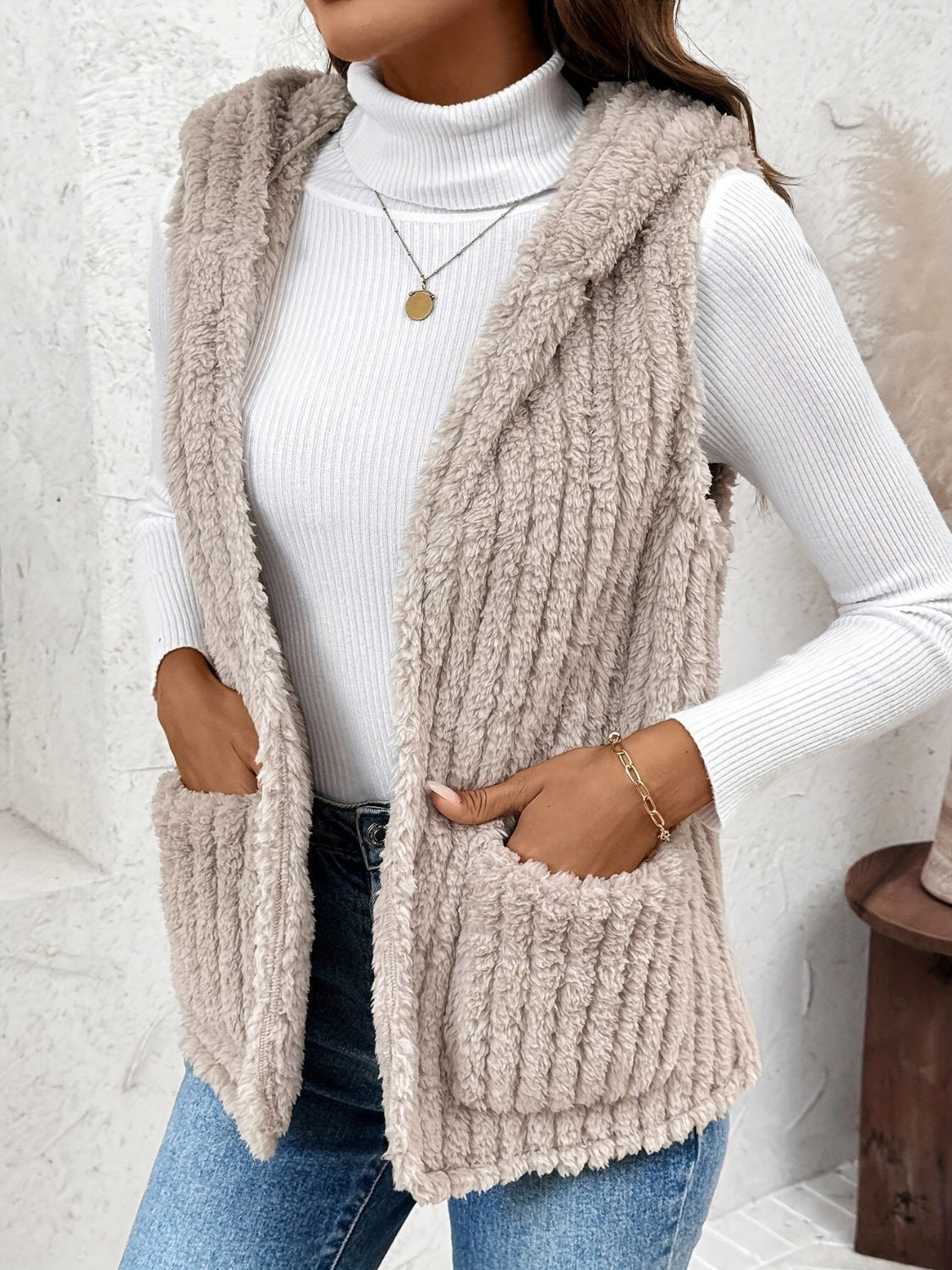 Fuzzy Hooded Vest with Pockets