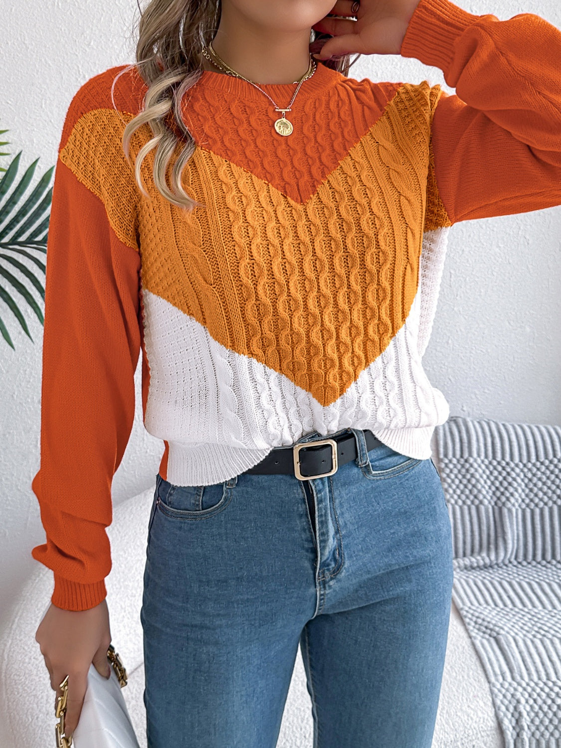 Contrast Round Neck Long Sleeve Sweater