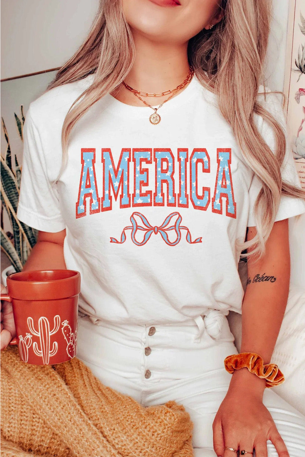 White Casual AMERICA Bow Knot Graphic Crew Neck Tee