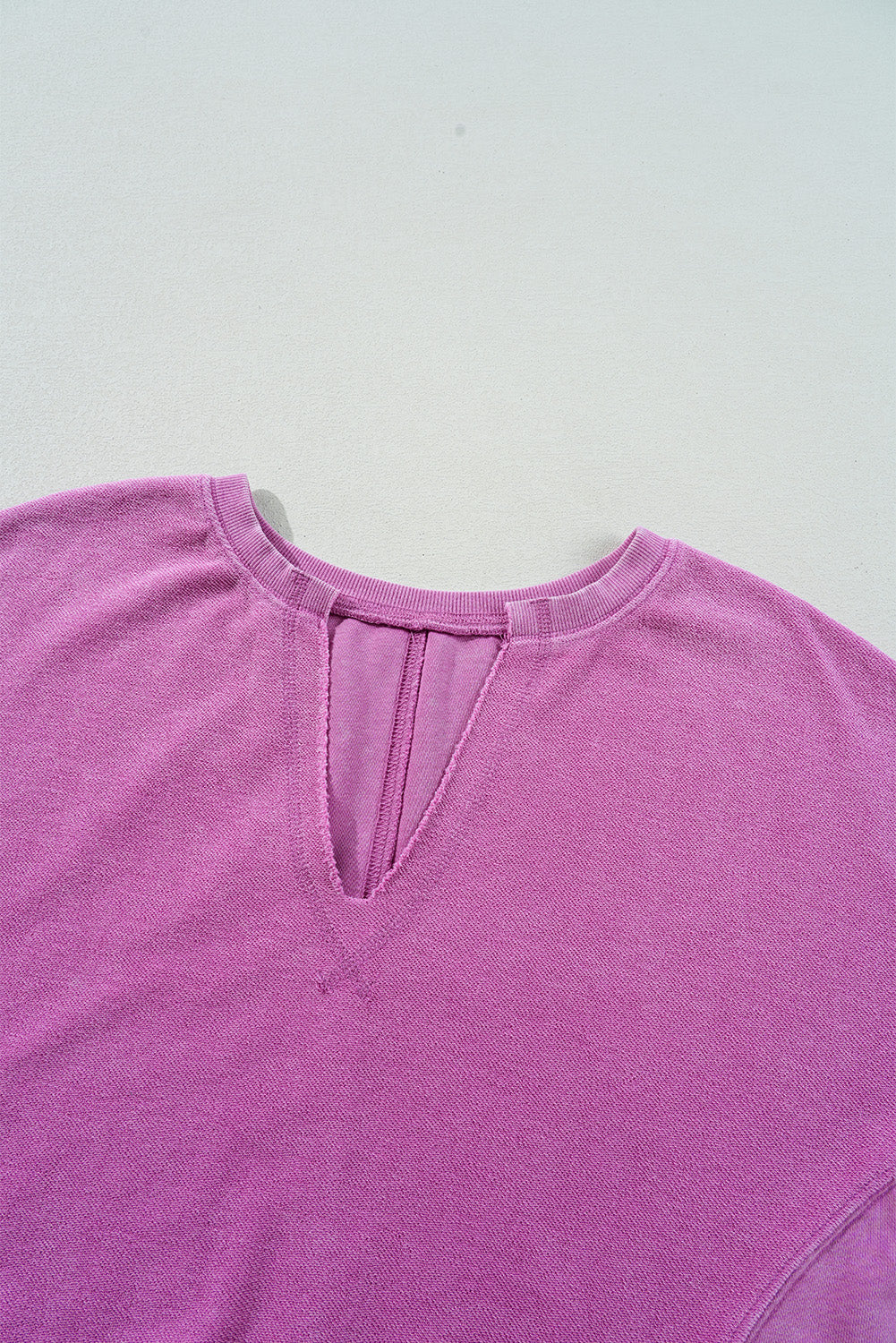 Bright Pink Notched Neck Exposed Seam Drop Shoulder Sweatshirt