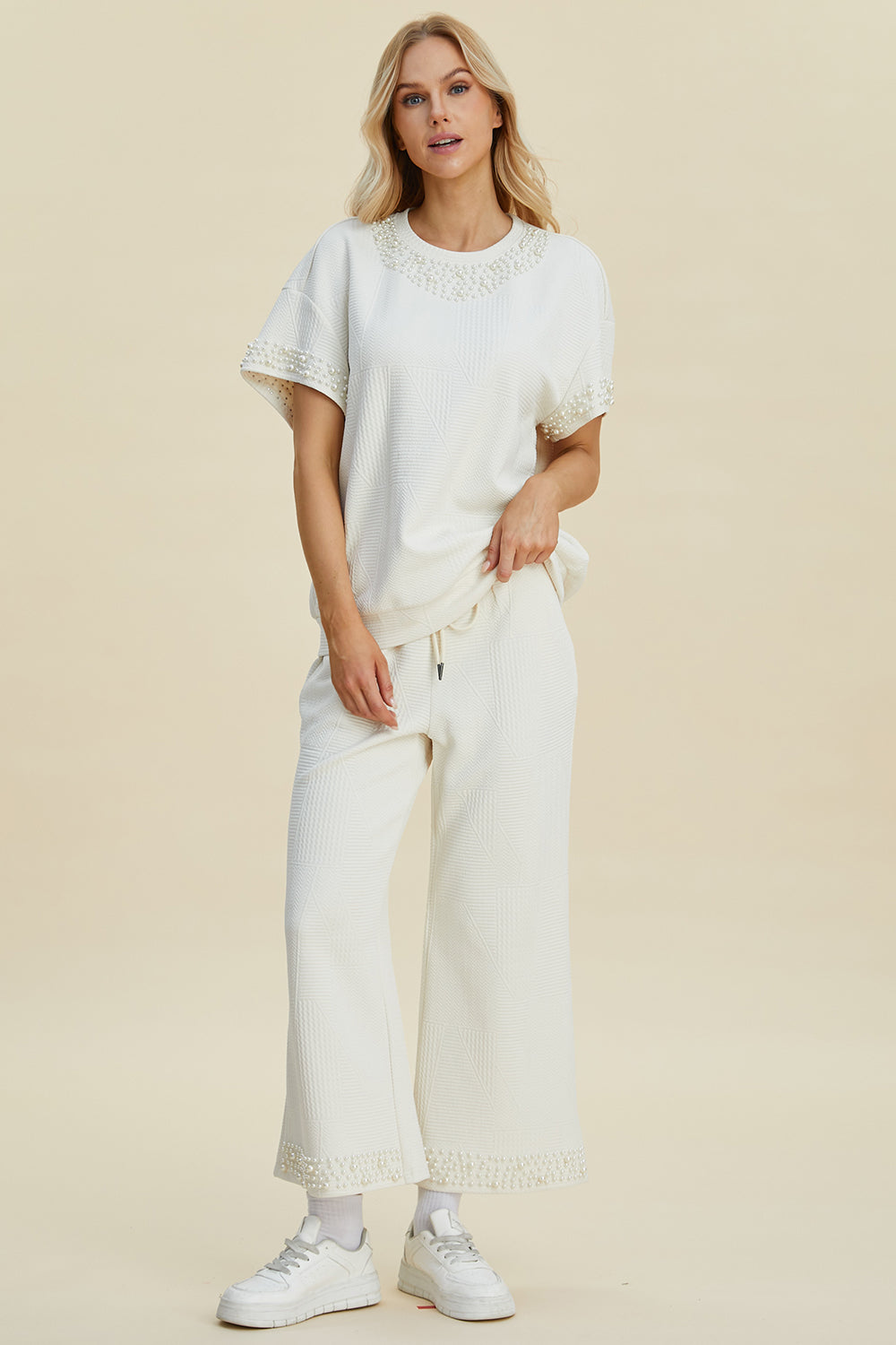 Double Take Full Size Pearl Detail Round Neck Top and Pants Set