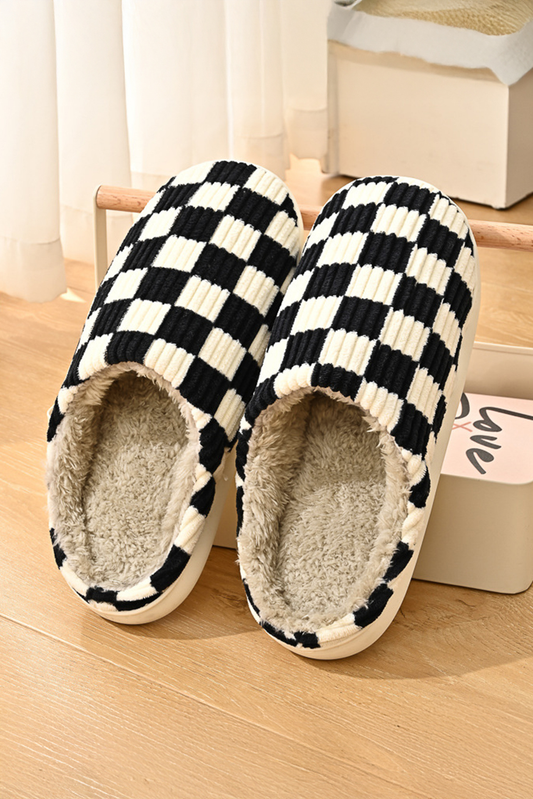 Black Checkered Fuzzy Winter Slippers