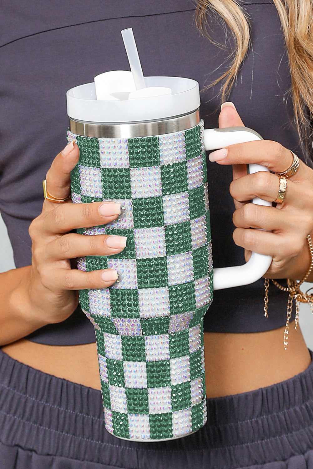 Blackish Green 40oz Rhinestone Checkered Tumbler Cup