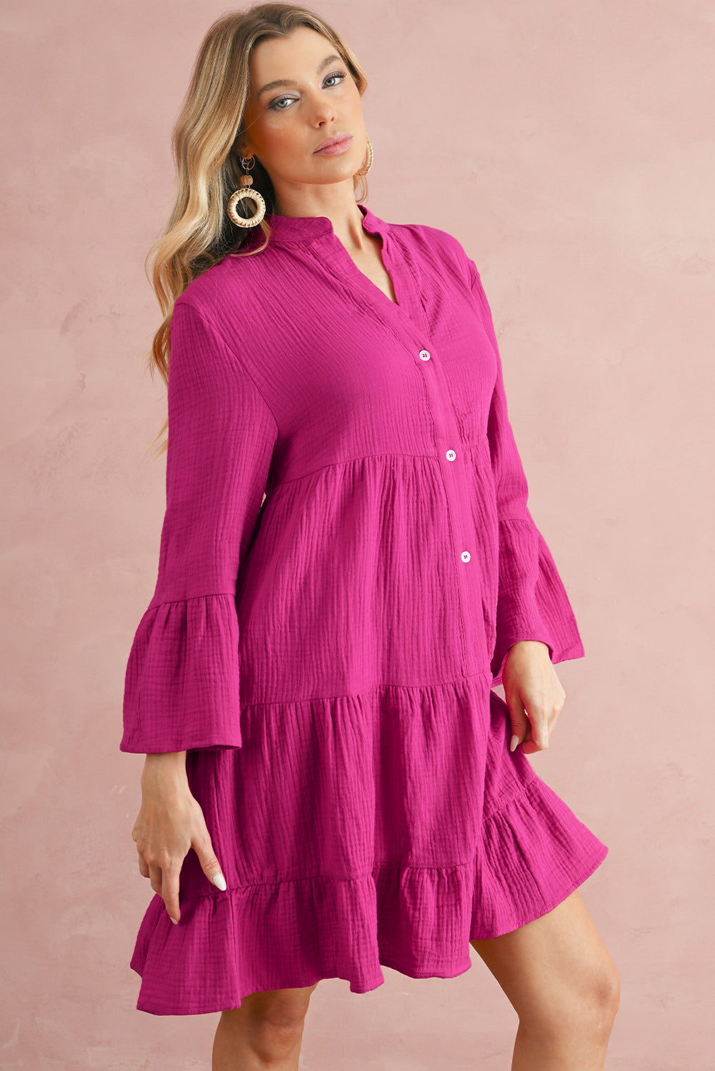 Rose Crinkled Tiered Split Neck Shirt Dress