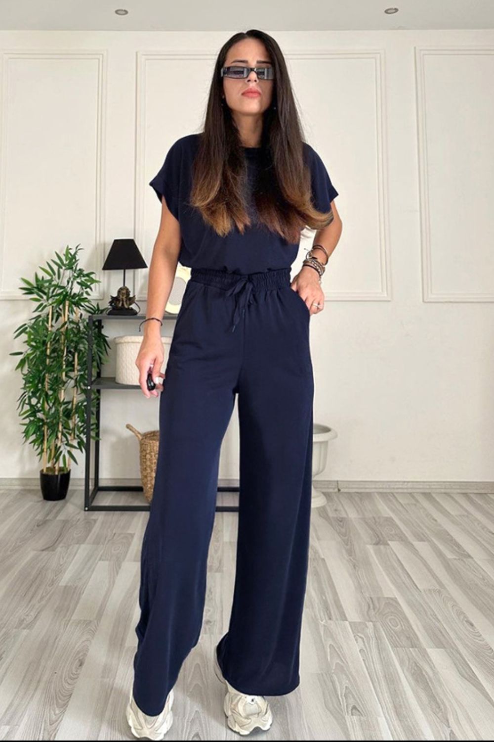 Round Neck Short Sleeve Top and Drawstring Pants Set