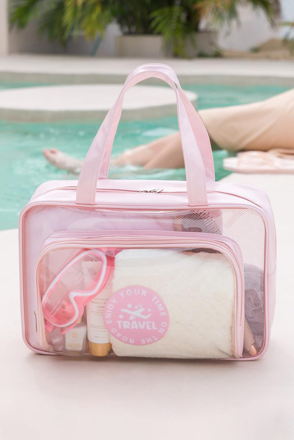 Pink Waterproof Multi Pockets Transparent Handle Makeup Bag