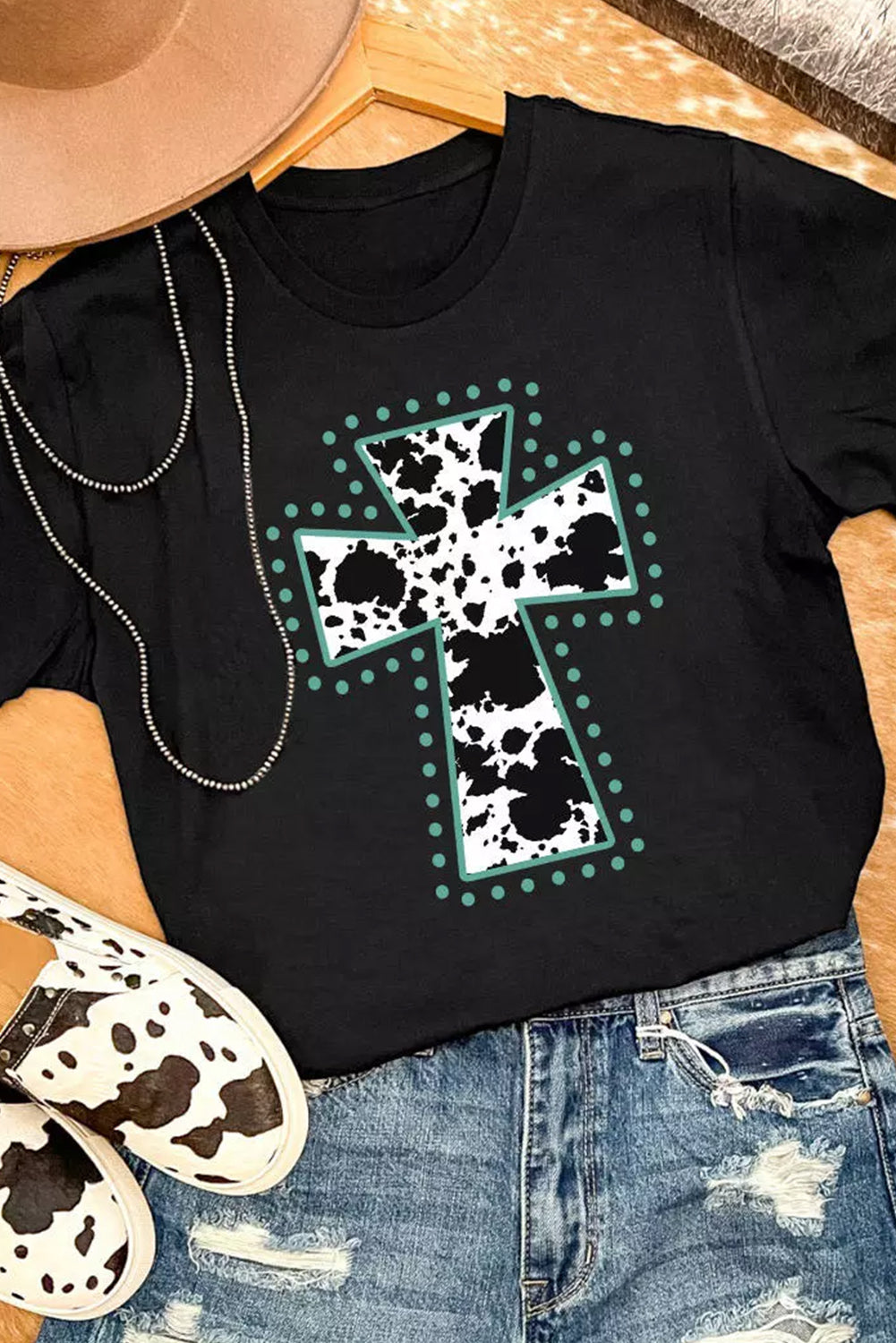 Black Animal Cross Graphic Round Neck Tee