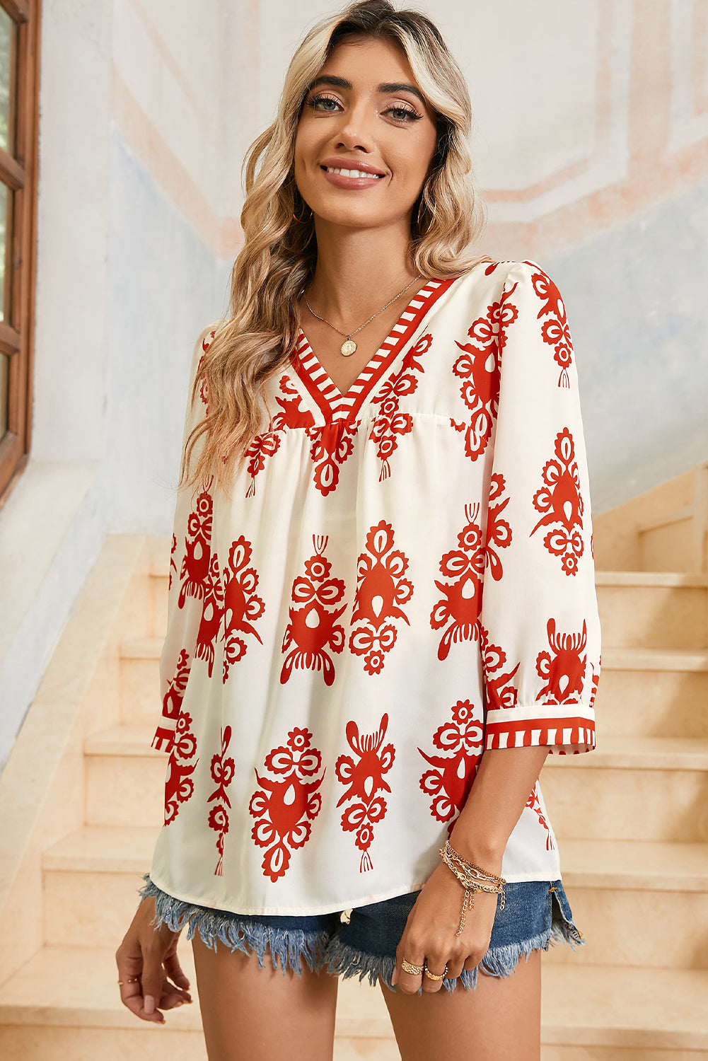 Beige Ethnic Abstract Print Puff Sleeve V Neck Blouse