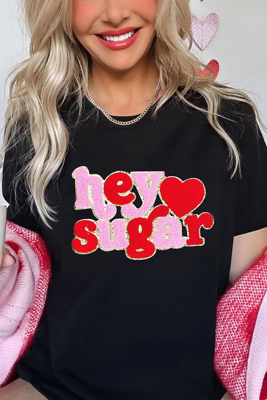 Black Chenille Heart hey sugar Patched Crewneck Valentines Tee