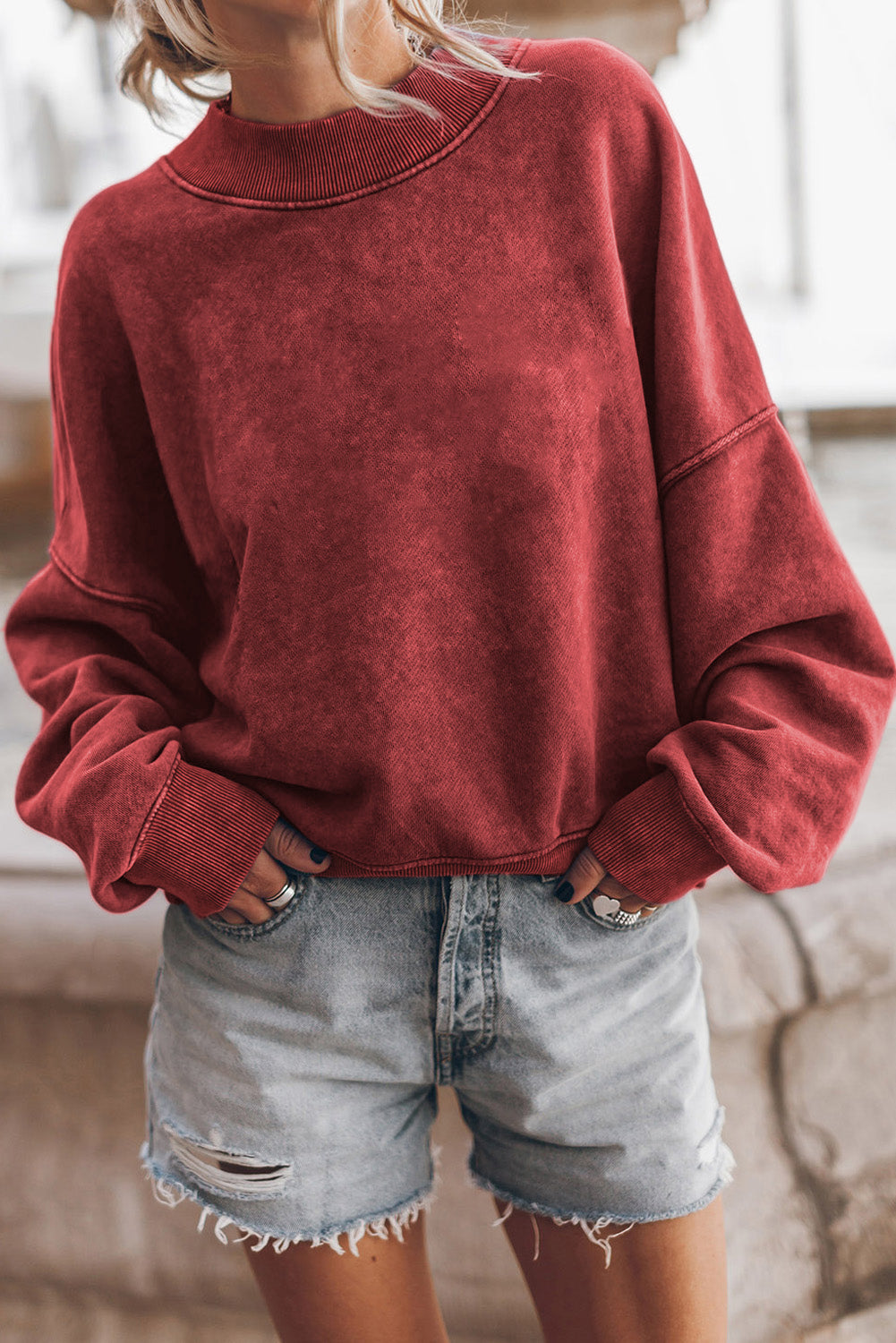 Blue Plain Drop Shoulder Crew Neck Pullover Sweatshirt