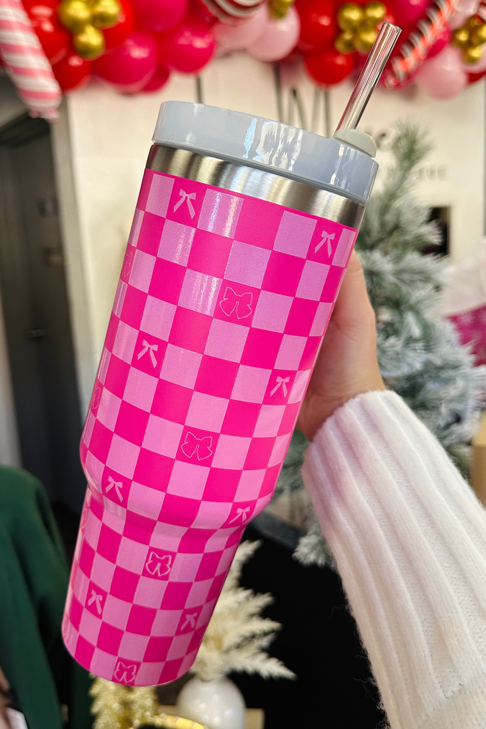 Bright Pink Checkered Bow Print Tumbler Cup