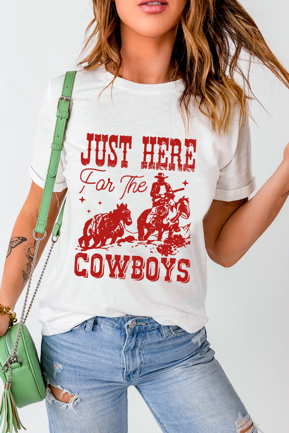 White JUST HERE For THE COWBOY Crew Neck T Shirt