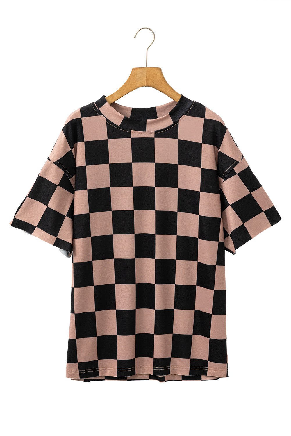 Light Beige Two Tone Checkered Crew Neck Loose T Shirt